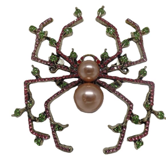 Stunning Pink and Green Crystal & Pearl Wicked Spider Brooch - Picture 2 of 2